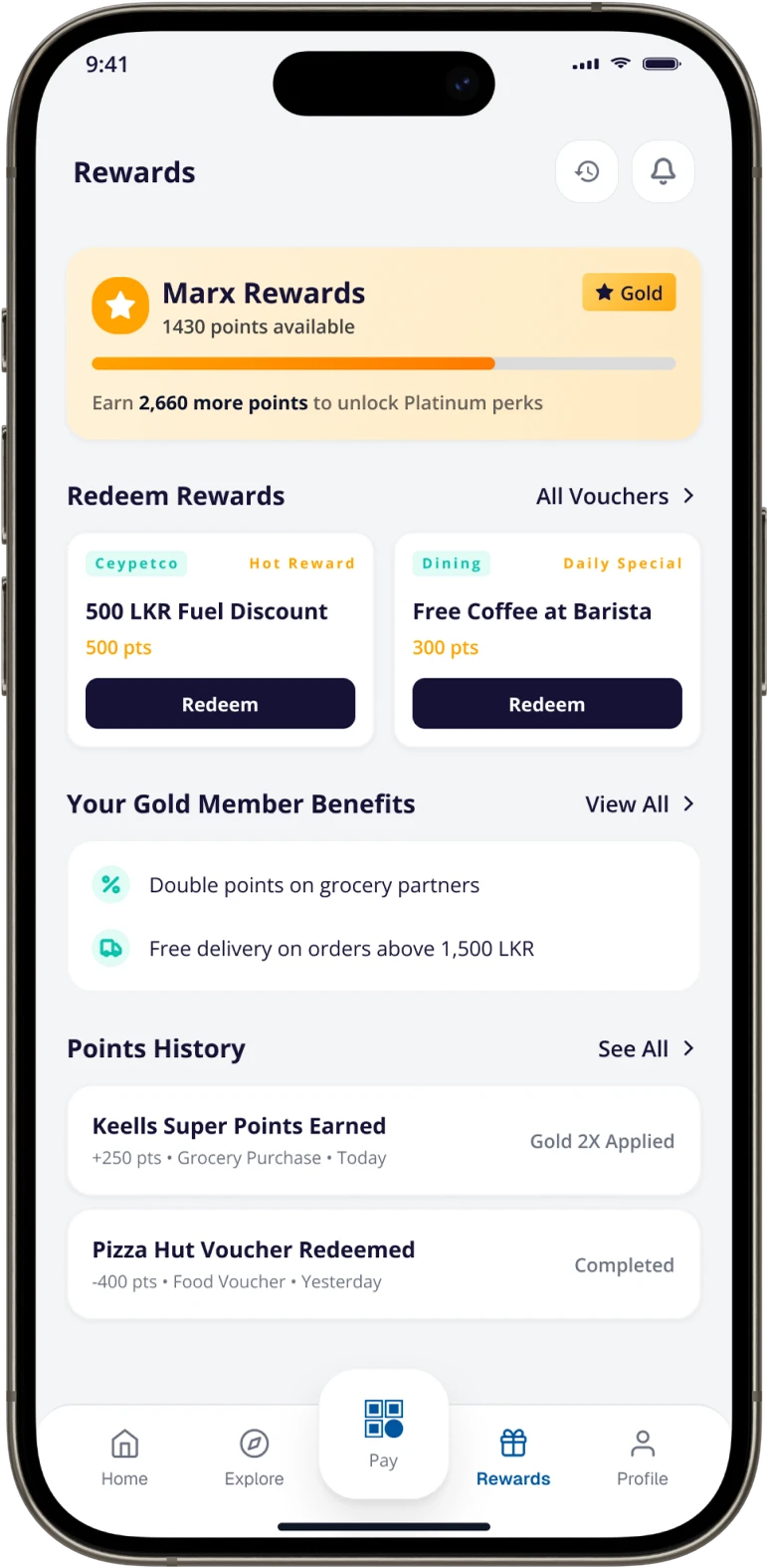 The Marx Rewards app on an iPhone: points, vouchers to redeem, member benefits and points history