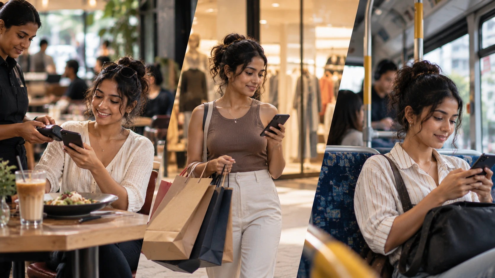 Three shoppers using the Marx app on their phones: paying at a café, walking out of a store with shopping bags, and riding a bus