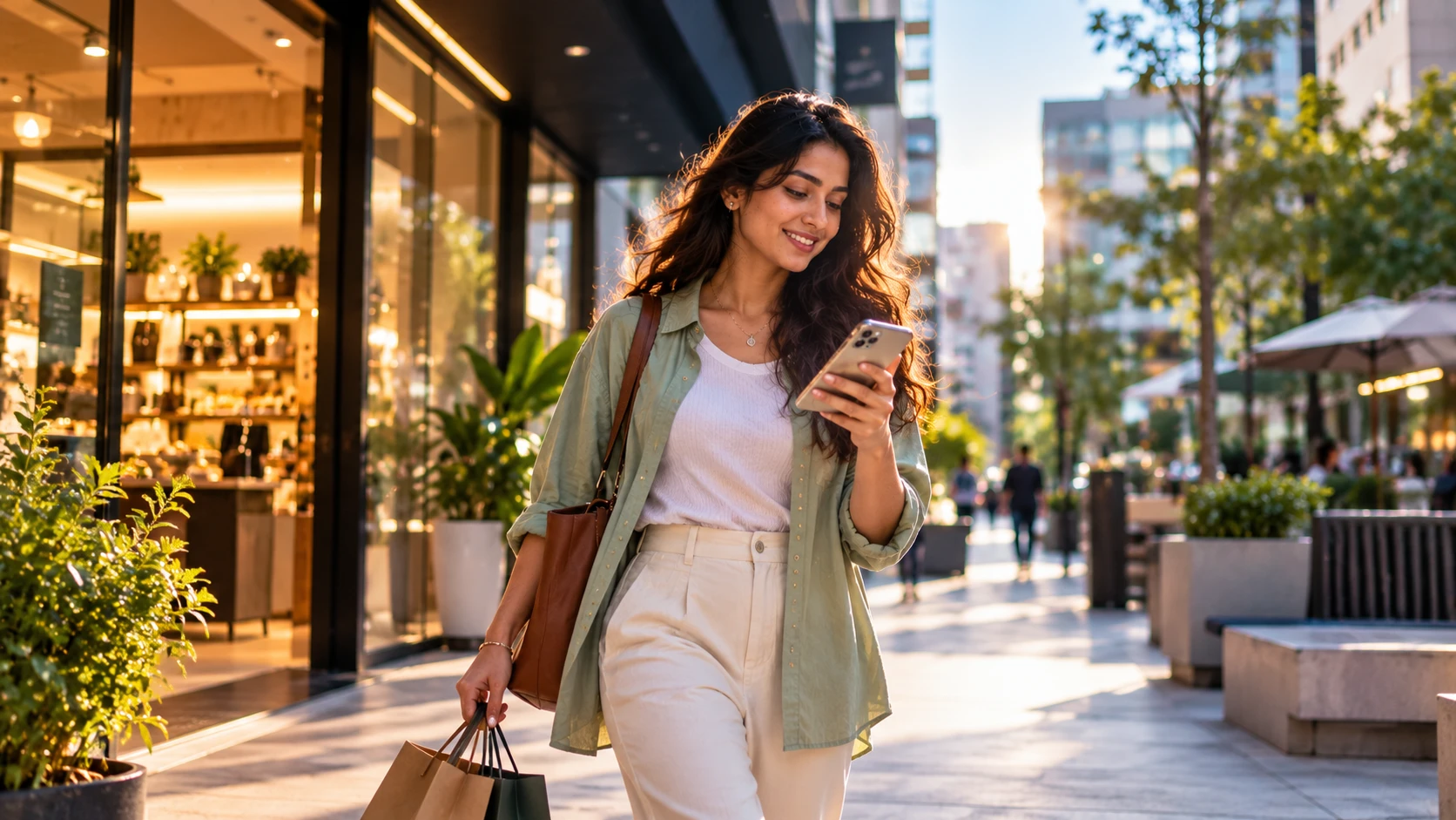 A smiling woman walking down a shopping street, looking at her phone and carrying shopping bags