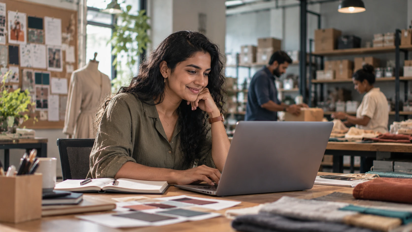 A smiling woman working on a laptop in a clothing and fabric store