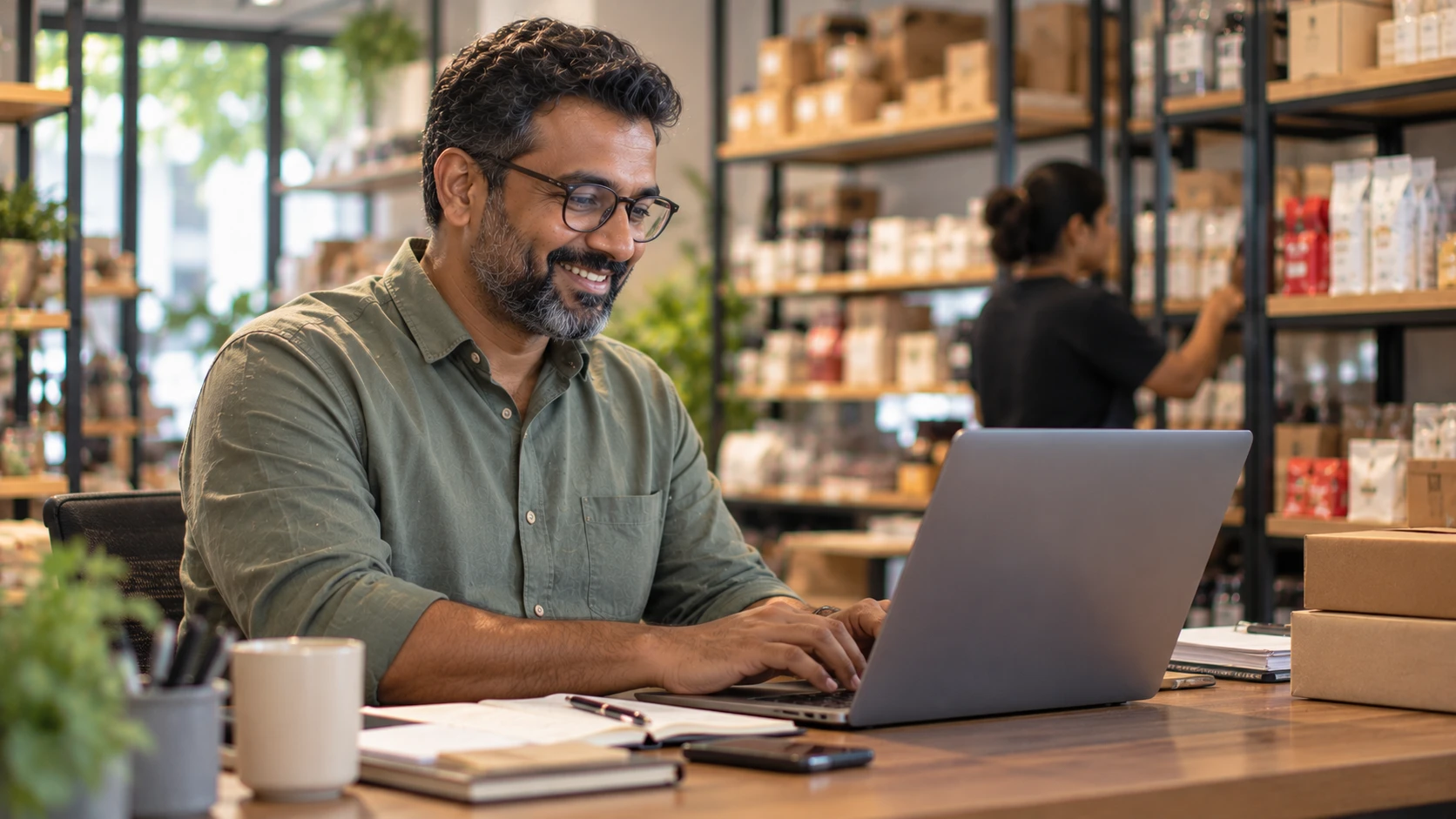 A smiling shop owner working on a laptop in his store