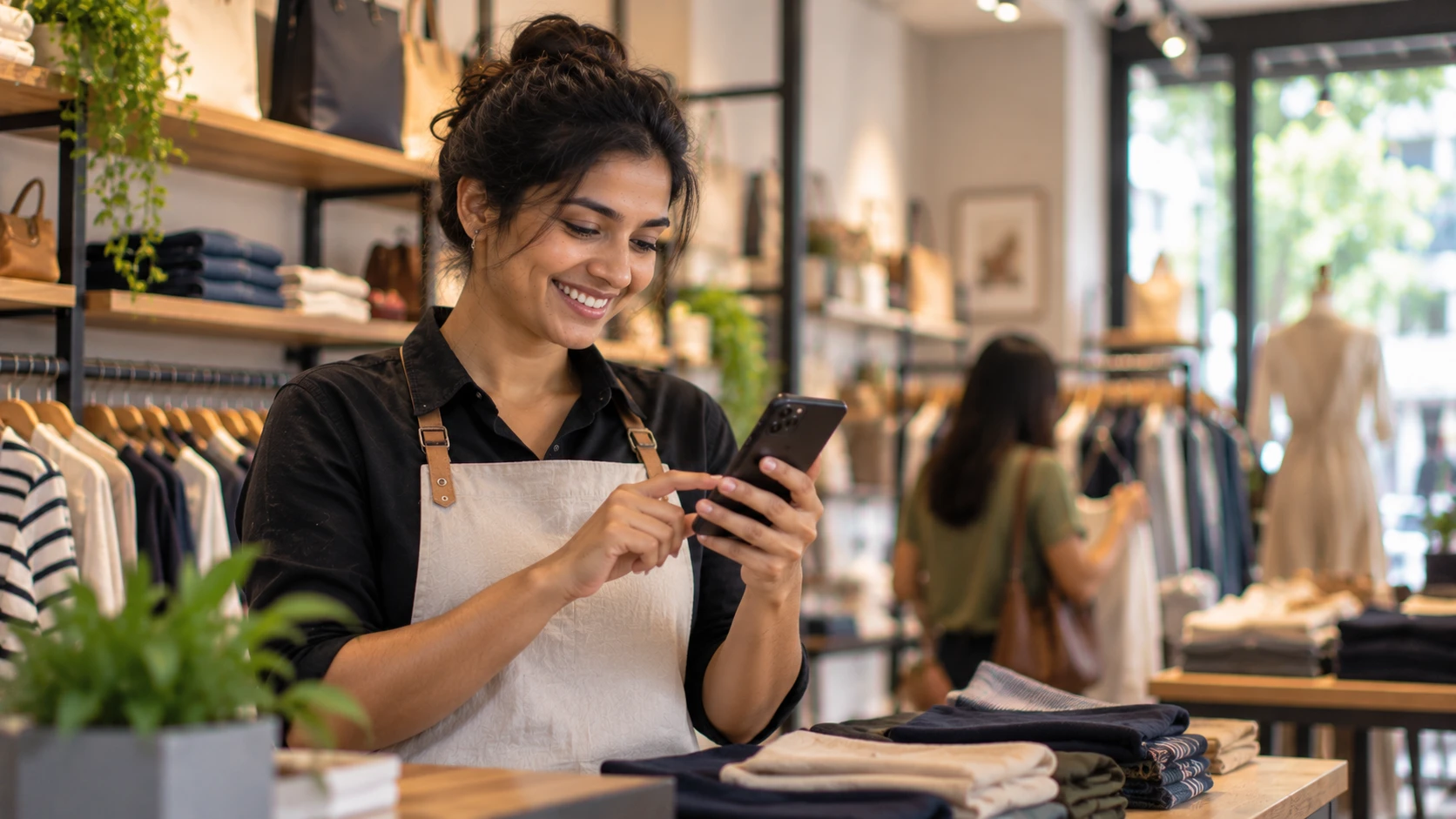 A smiling shop assistant using the Marx Retail app on her phone in a clothing store