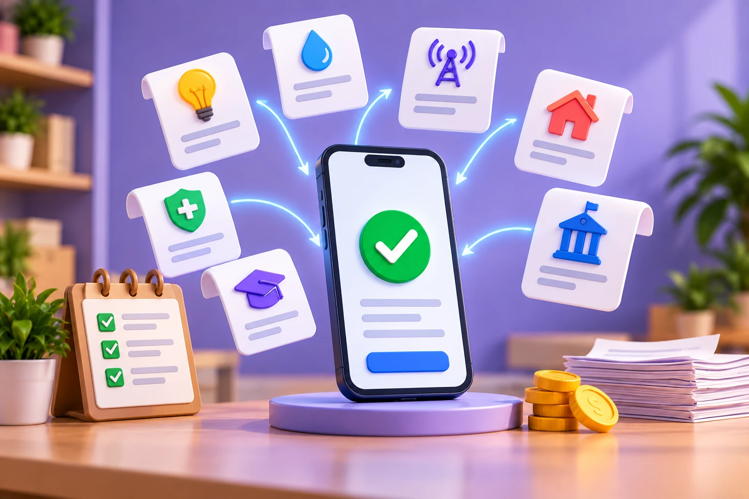 A phone surrounded by bill and government service icons