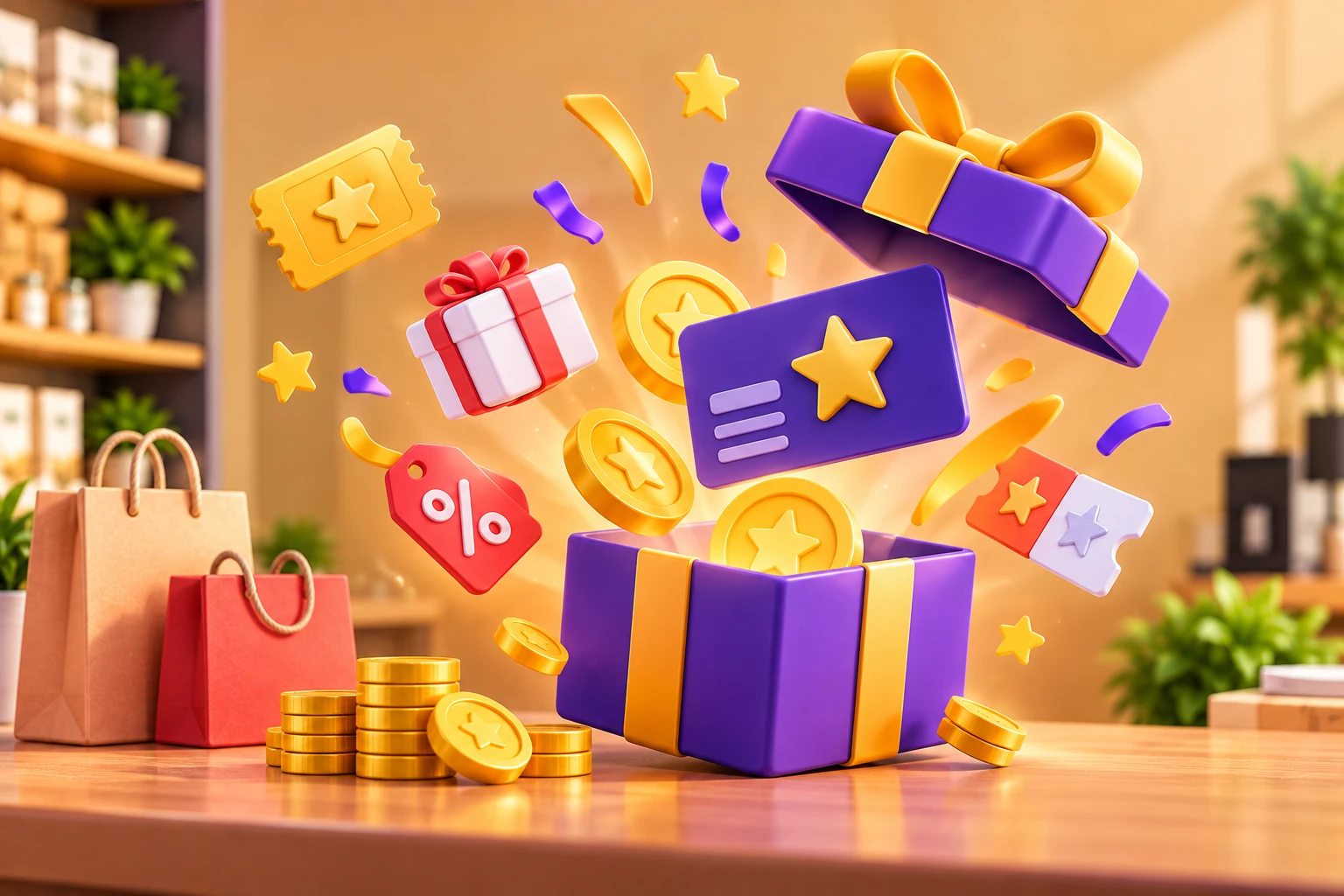 A gift box bursting with coins, vouchers and gifts