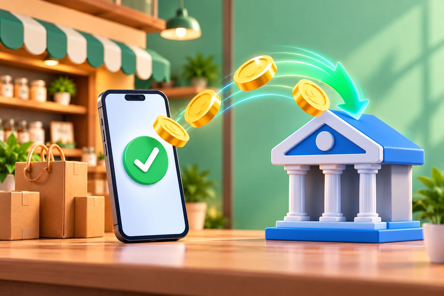 A phone with a green tick sending coins to a bank building