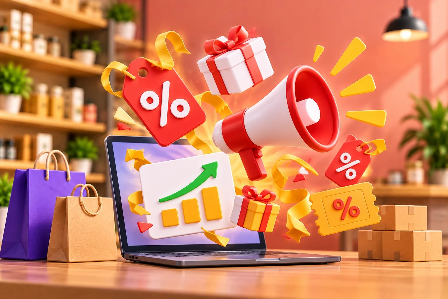 A megaphone, discount tags and a laptop showing a growth chart
