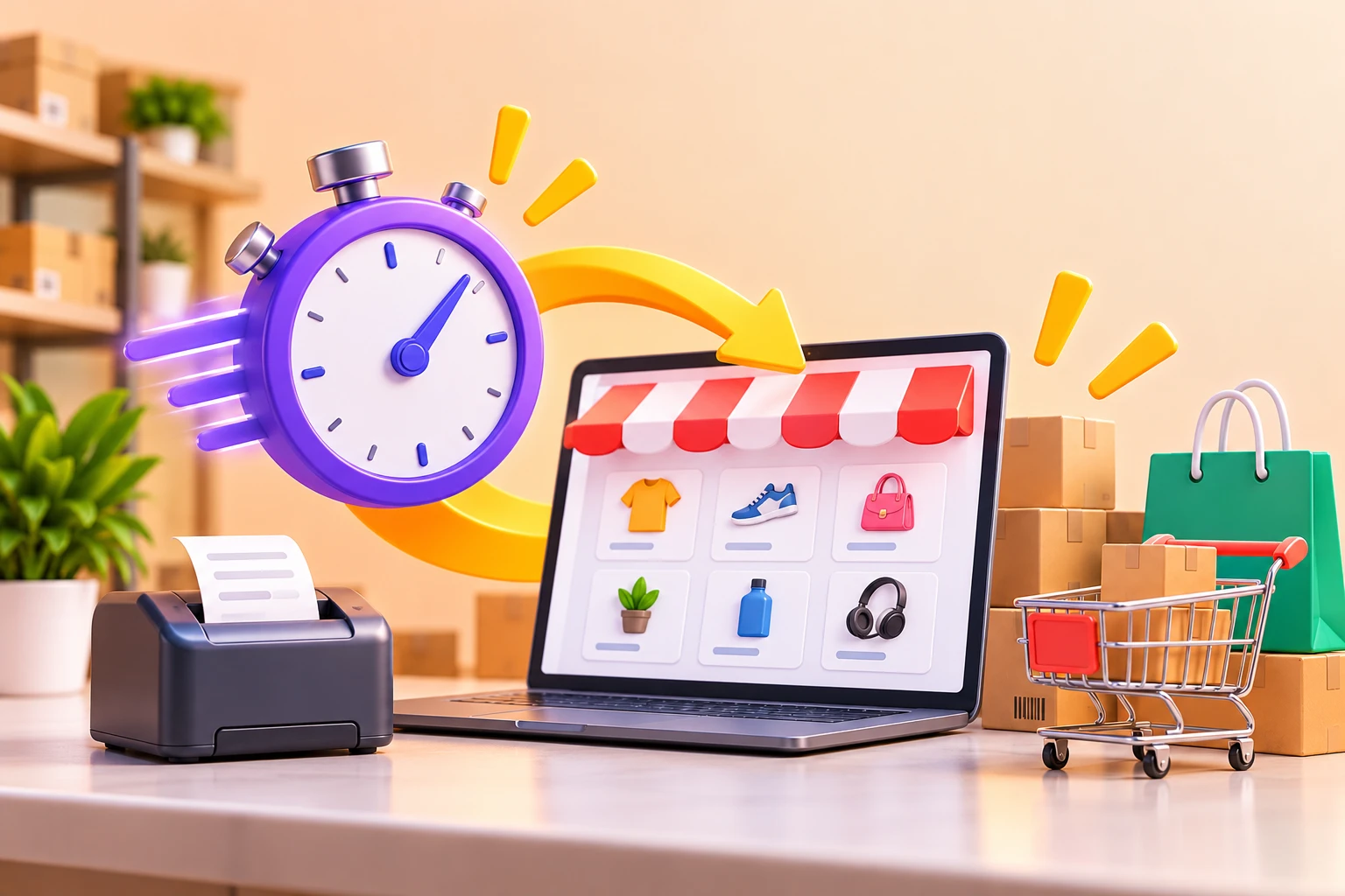 A stopwatch, a printer and a laptop showing an online shop on a shop counter
